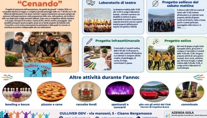 Progetto Cenando dell'Associazione Gulliver con il contributo di Azienda Isola per il Bando Associazioni 2026