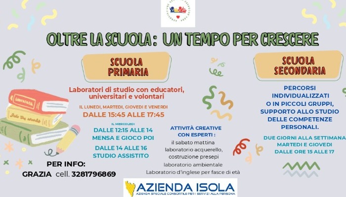 Progetto Oltre la scuola: un tempo per crescere di AGE Calusco d'Adda con il contributo di Azienda Isola per il Bando Associazioni 2026