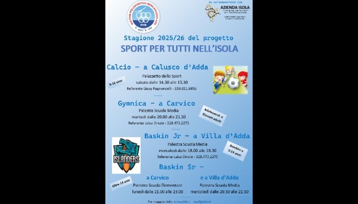 Sport per tutti nell'Isola dell'ASD PHB Polisportiva Bergamasca Bando Associazioni 2025