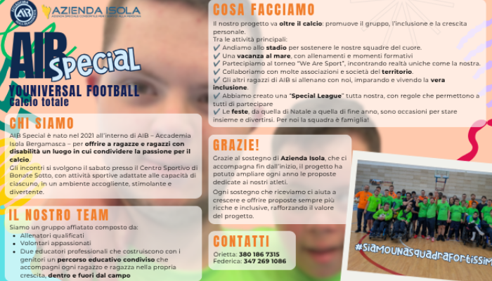 Progetto AIB SPECIAL YOUNIVERSAL FOOTBALL di AIB con il contributo di Azienda Isola per il Bando Associazioni 2026